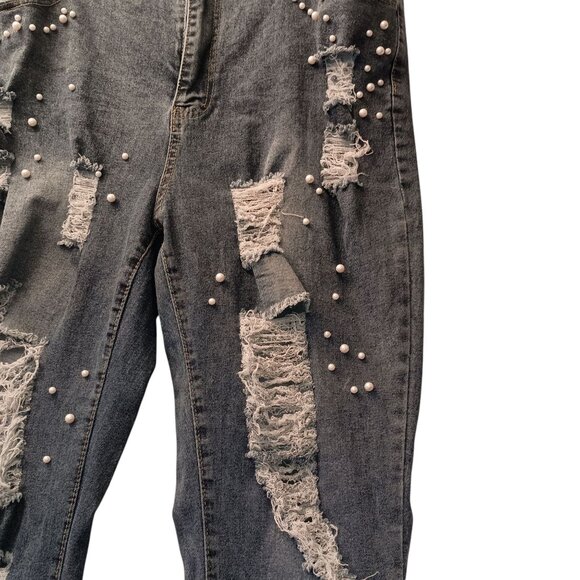 PlusWear Thrashed Women Glam Blue Jeans Flare Legs with Feathers Hippie  Size XL - Picture 8 of 12